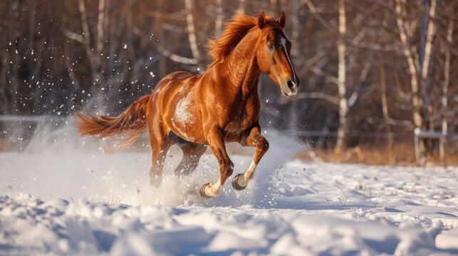 Energetic and fit chestnut gelding horse galloping in snowy winter
