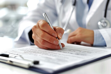 Doctor with stethoscope in clinic, writing a prescription close-up