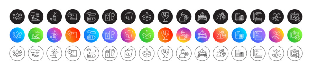 Consolidation, Inspect and Send box line icons. Round icon gradient buttons. Pack of Box size, Warning road, Engineer icon. Lighthouse, Fragile package, Charging station pictogram. Vector