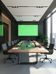 Modern Empty Meeting Room with Big Conference Table with Various Documents and Laptops on it, on the Wall Big TV with Green Chroma Key Screen. Contemporary Minimalistic Designed Workplace --ar 3:4 --s