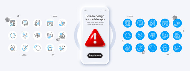 Recycling, Puzzle game and Quick tips line icons. Phone mockup with 3d danger icon. Pack of Fitness app, Adhesive tape, Messenger icon. Market, Change money, Pet shampoo pictogram. Vector