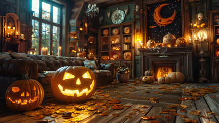 Obraz premium Jack O' Lanterns In Graveyard In The Spooky Night - Halloween Backdrop Background