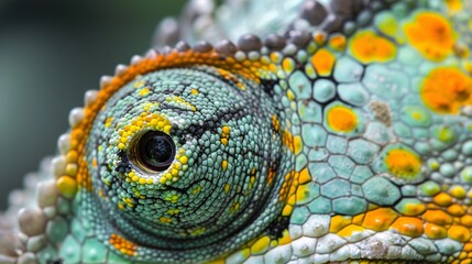 Fototapeta premium Detailed macro image of a chameleon's eye, showcasing the vivid colors and textures with exceptional clarity, as seen in National Geographic photography
