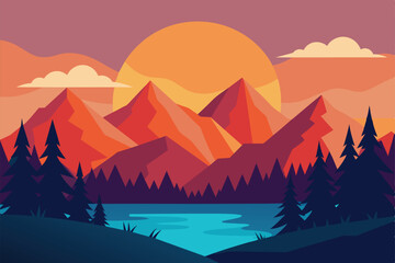 Beautiful vector landscape illustration, peaceful warm sunrise over mountains, lake and forest. The concept of travel, hiking, outdoor activities and adventure vector illustration