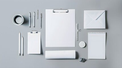 Mockup. Corporate stationery on grey background. Flat lay