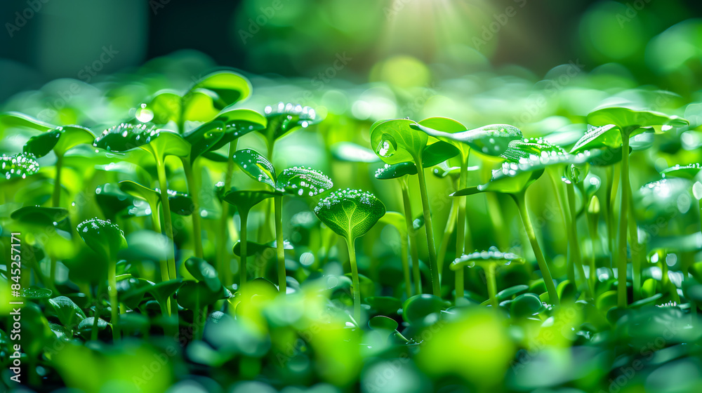 Wall mural macro shot of young microgreens sprouts in sunlight. close-up of tiny plants with bokeh background. 