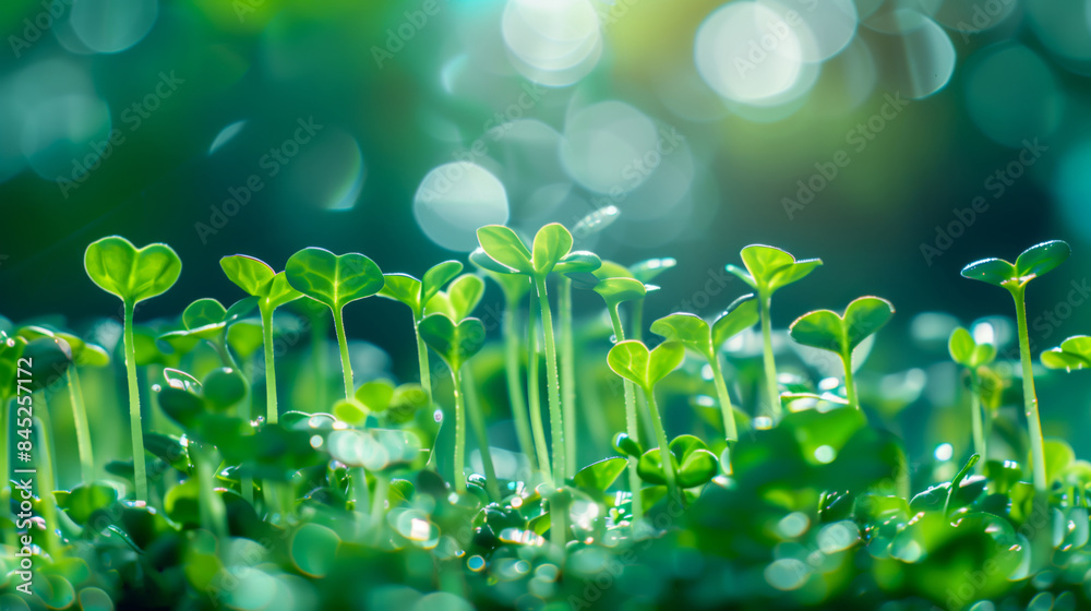 Wall mural macro shot of young microgreens sprouts in sunlight. close-up of tiny plants with bokeh background. 