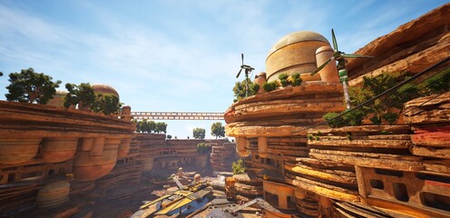 3D illustration of a sci-fi cityscape, with futuristic ruins and lush overgrowth under a serene sky.