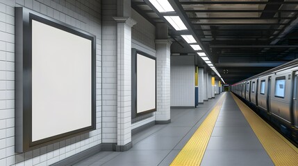 Mock up Poster media template Ads display in NYC Train Subway Station between two Moving Train on background. Realistic 3d render illustration