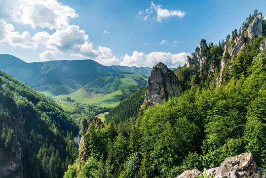 View from Zbojnicky chodnik hiking trail above Vratna valley in Mala Fatra mountains in Slovakia