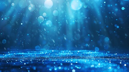 Beautiful blue background with abstract bokeh light effects and sun flare, featuring festive sparkling rays and neon glow for elegant visual design and creative projects