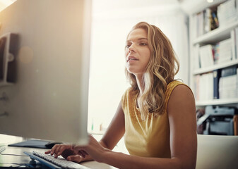 Computer, thinking and business woman in home office for remote work project, planning and b2b, networking or communication. Pc, search and girl entrepreneur online for startup, research or solution