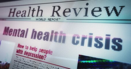 Mental health crisis depression daily newspaper reading on mobile tablet computer screen. Touch screen with headlines news abstract concept 3d.