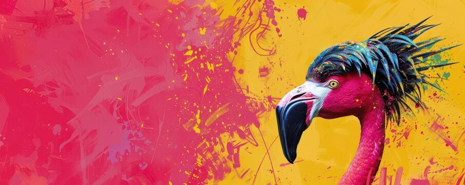 Flamingo with a black mohawk, against a pop artinspired backdrop, vibrant colors, Pop Art, Mixed Media