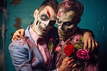 A gay couple dressed as zombies having fun at a Halloween party 