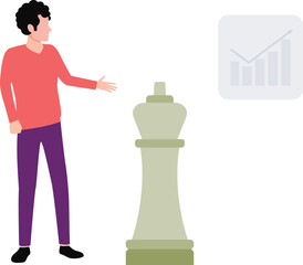 A boy is pointing at the chess piece.