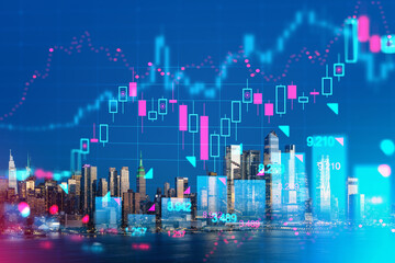 New York cityscape with holographic stock market graphics overlay. Photorealistic style on a dusk background. Finance and technology concept. Double exposure