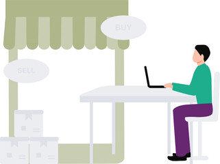 A boy is using laptop for online sales.