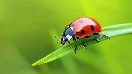 Fototapeta premium Close-up view of a ladybug on a blade of grass, revealing the fine details of its shell and legs in a high-detailed, ultra-HD macro style