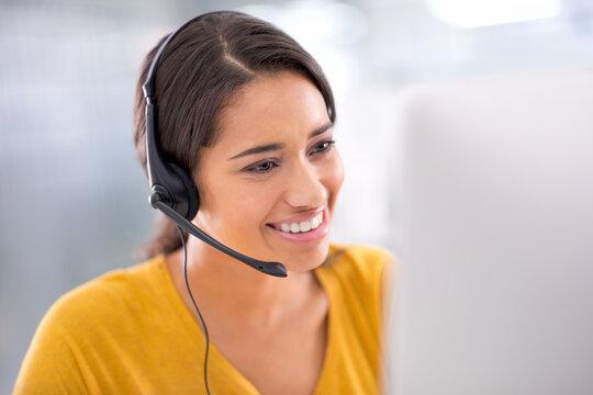 Headphones, telemarketing and woman with call center, customer service and internet in a workplace. Technical support, office or insurance consultant with headset and help desk for advice or guidance