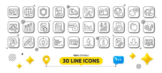 Internet document, Info and Car service line icons pack. 3d design elements. Internet, Idea, Seo strategy web icon. Engineering, Engineering documentation, Graph chart pictogram. Vector