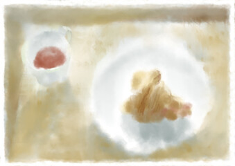 机の上の食べかけクロワッサンと飲み物の風景イラスト