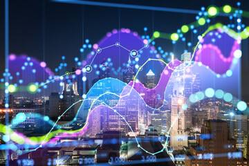 Philadelphia skyline at night with a colorful holographic overlay of graphs and data, concept of future and technology. Double exposure