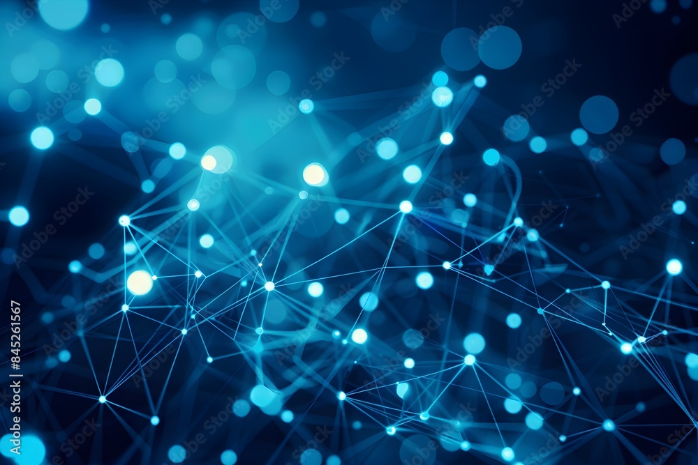 Poster abstract blue background with interconnected dots and lines forming a network structure