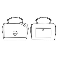 Women's handbags. Top handle bag flat sketch fashion illustration drawing template mock-up, front, and back view. Isolated on a white background.