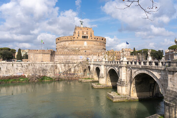 Castel Sant'Angelo and Tiber River under blue sky, Rome