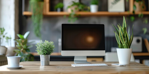 Fototapeta premium Contemporary home office setup featuring a desktop computer, keyboard, and potted plants on a wooden desk.