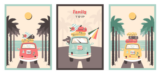 Summer travel. Family road trip by car. Summer time. Summer poster set. Family traveling with suitcases, dog, beach umbrella, sunhat rides to sea. Family car goes to beach. Vector illustration