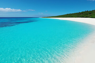 Obraz premium A beautiful tropical beach with turquoise waters and sandy shores under a sunny sky
