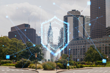 A Philadelphia cityscape with futuristic hologram of a fingerprint, blending reality and security technology concept. Double exposure