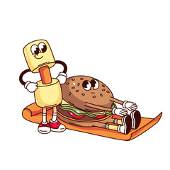 Groovy burger and dumbbell cartoon characters at sport workout. Funny retro hamburger with buns training on yoga mat, sport to lose weight mascot, cartoon sticker of 70s 80s style vector illustration