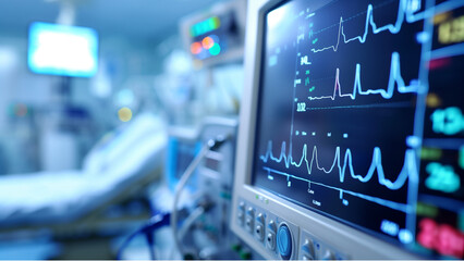 heart streamline monitor on an EKG machine in a modern hospital room, with some doctors wearing blue medical gowns and masks in a blurred background