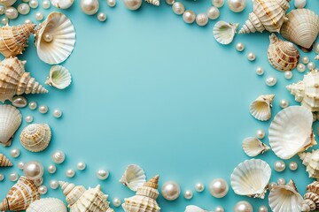 Obraz premium beautiful border frame template of various shells and pearls on light blue background top view with copy space