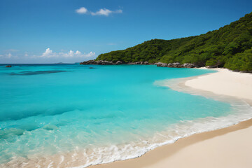 A beautiful tropical beach with turquoise waters and sandy shores under a sunny sky