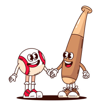 recommend clip art: Groovy baseball bat and ball cartoon characters holding hands. Funny retro happy friends together, baseball mascot, cartoon softball and long cudgel sticker of 70s 80s style vector illustration