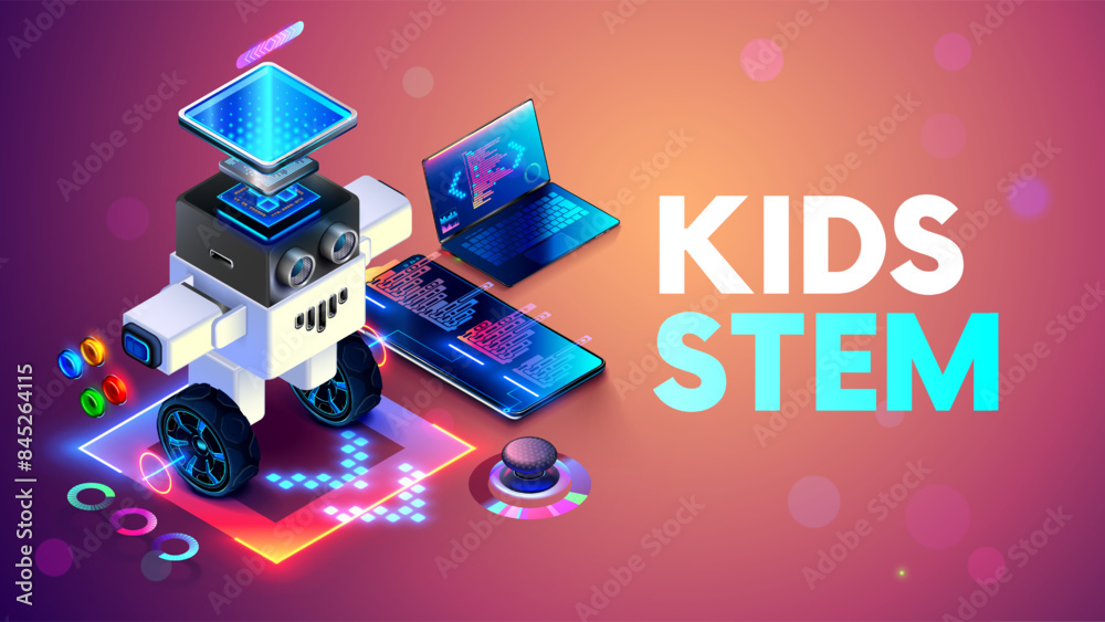 Poster DIY balancing robot controlled from a phone. Robotics for kids conceptual isometric banner. Kids development balancing robot on robotics courses. STEAM learning for children. Science for kids.