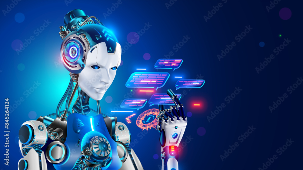 Poster AI chatbot in image robot or cyborg holding in hand message bubbles. Online AI chat bot talk through messenger with user. Technical support bot, internet assistance with artificial intelligence or AI