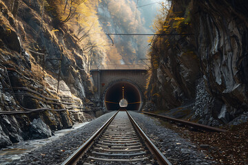 Naklejka premium A tunnel cuts through the mountains, with a new road or railway tracks illustrating the combination of natural beauty and human engineering, symbolizing exploration and communication