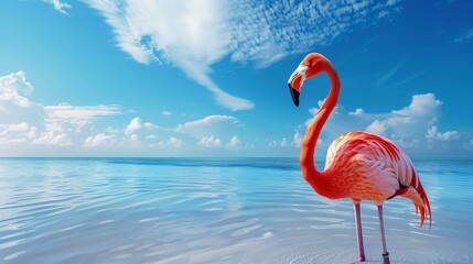 Fototapeta premium Vibrant flamingo, stands gracefully, shallow waters, pink feathers, contrasting, beautifully, blue sky, nature, elegance, bird, tropical, wildlife, serene, striking, reflection, water, colorful, grace