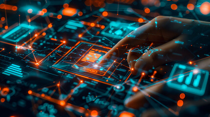 Fototapeta premium This visually striking image captures an advanced circuit board's complexity and glow, symbolizing the pinnacle of modern electronic design and innovation in a dark ambiance