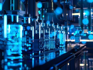 Futuristic 3D Holographic Science Data Floating in Mysterious Blue Lab Environment