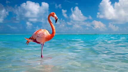 Fototapeta premium Vibrant flamingo, stands gracefully, shallow waters, pink feathers, contrasting, beautifully, blue sky, nature, elegance, bird, tropical, wildlife, serene, striking, reflection, water, colorful, grace