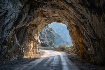 A tunnel cuts through the mountains, with a new road or railway tracks illustrating the combination of natural beauty and human engineering, symbolizing exploration and communication