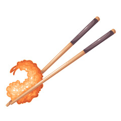 Tempura shrimp on wooden cartoon chopsticks for eating. Tasty crispy seafood cutlet ready to eat, one prawn coated in tempura batter and fried in oil as appetizer or snack cartoon vector illustration