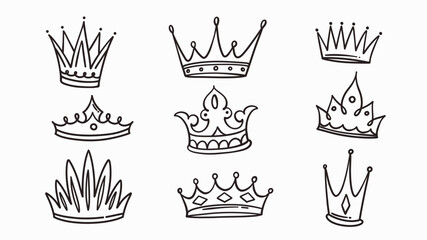 Crown hand drawn doodle set. Line monochrome sketch of luxury heraldic symbols with crown shape collection, classic tiara and royal diadem, medieval jewelry in doodle style vector illustration © setory