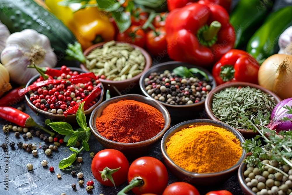 Poster a close-up image of various spices and fresh vegetables arranged on a kitchen table, showcasing vibr